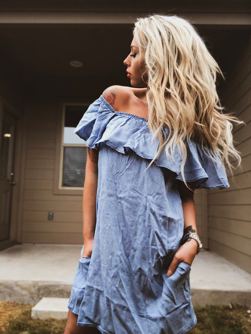 Blue off the shoulder dress