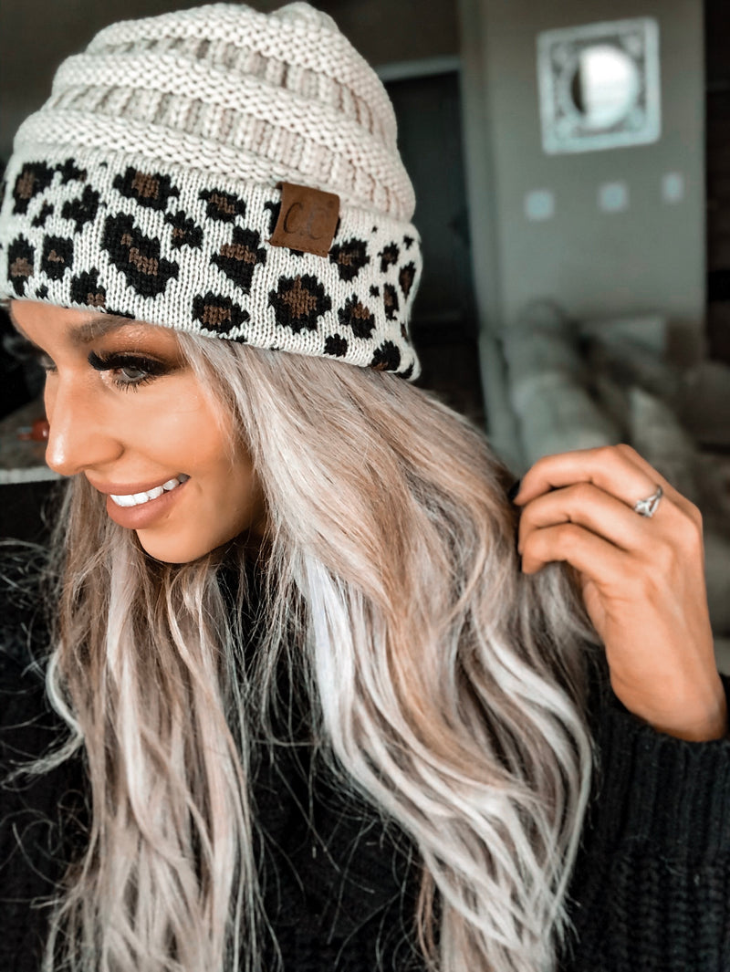 Beige CC Leopard Beanie